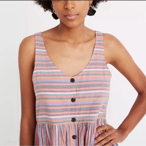 Madewell Rainbow Striped Mini Dress Scoop Neck Babydoll Tank Button Front Medium - Picture 5 of 9